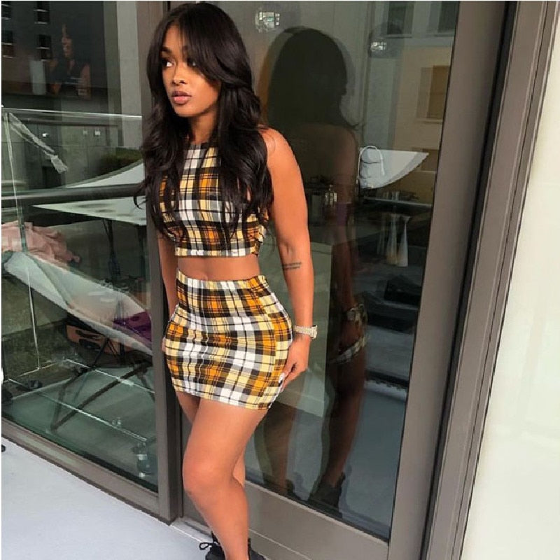 Sadie Yellow Plaid Print Crop Top & Mini Skirt Two Piece Set