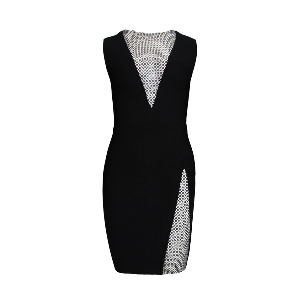 Aubrie V-Neck Diamond Mesh Bodycon Bandage Dress